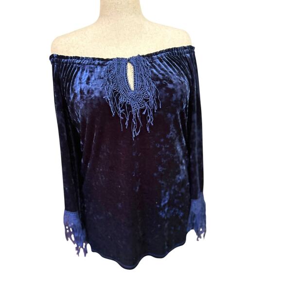 Y2K Velvet Velour Fringe Off Shoulder Peasant Top L/XL Whimsigoth Dark Fairy - Picture 11 of 11